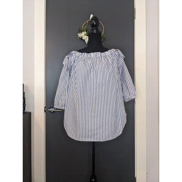 *3 for $12* Gap Blue & White Stripe Off Shoulder Tunic Blouse w Bow Detail - M - Picture 1 of 7